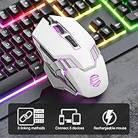 Vista 8 de Ratón Bluetooth blanco, inalámbrico USB recargable y BT5.0/3.0 de modo dual con luz RGB, botones laterales, 2400 DPI, mouse ergonómico inalámbrico