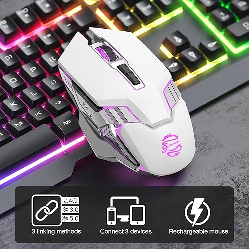 Miniatura 8 de Ratón Bluetooth blanco, inalámbrico USB recargable y BT5.03.0 de modo dual con luz RGB, botones laterales, 2400 DPI, mouse ergonómico inalámbrico