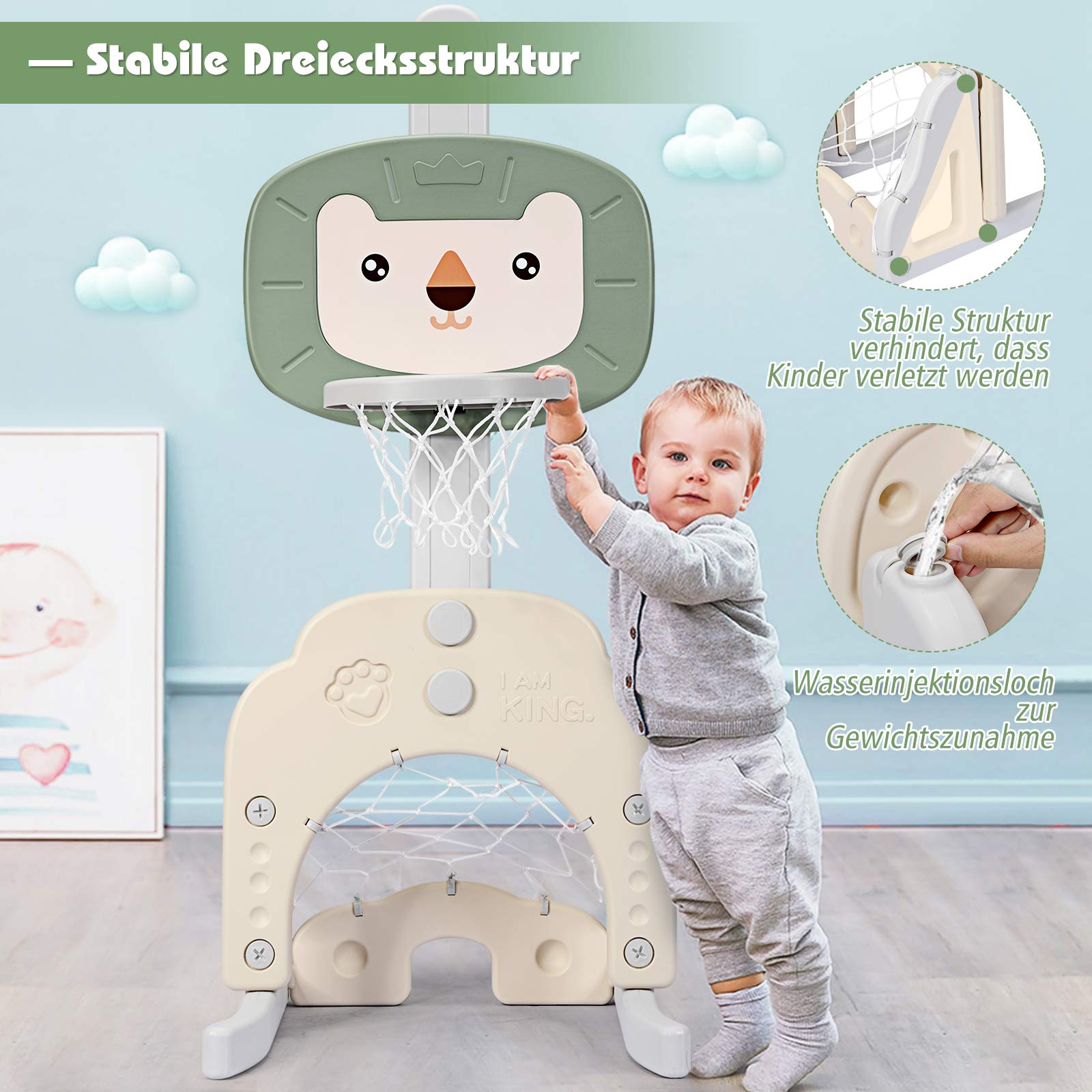 DREAMADE Mini Basketballkorb Kinder, 77-116 cm höhenverstellbarer Basketballständer mit Fußballkorb & Golf inkl. Bälle & Golf, 3 in 1 Indoor Spielplatz für Kleinkinder ab 3 Jahren (Grün)