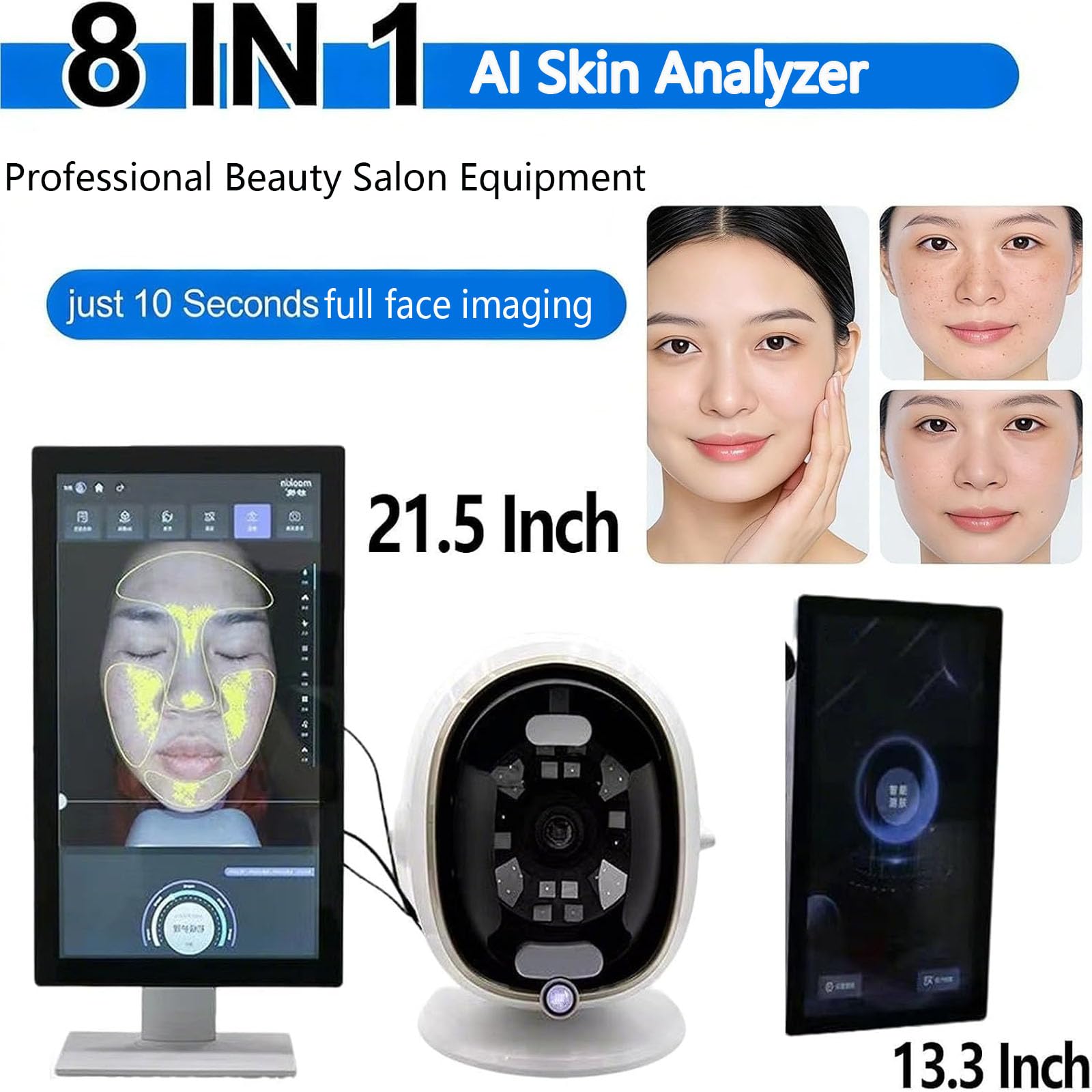 Analyseur De Peau IA, Analyseur De Peau Facial avec Caméra HD 38 MP, Système Dimagerie 3D, 8 Modes Spectraux, Évaluation Intelligente De La Peau, Gestion des Black 21.5in