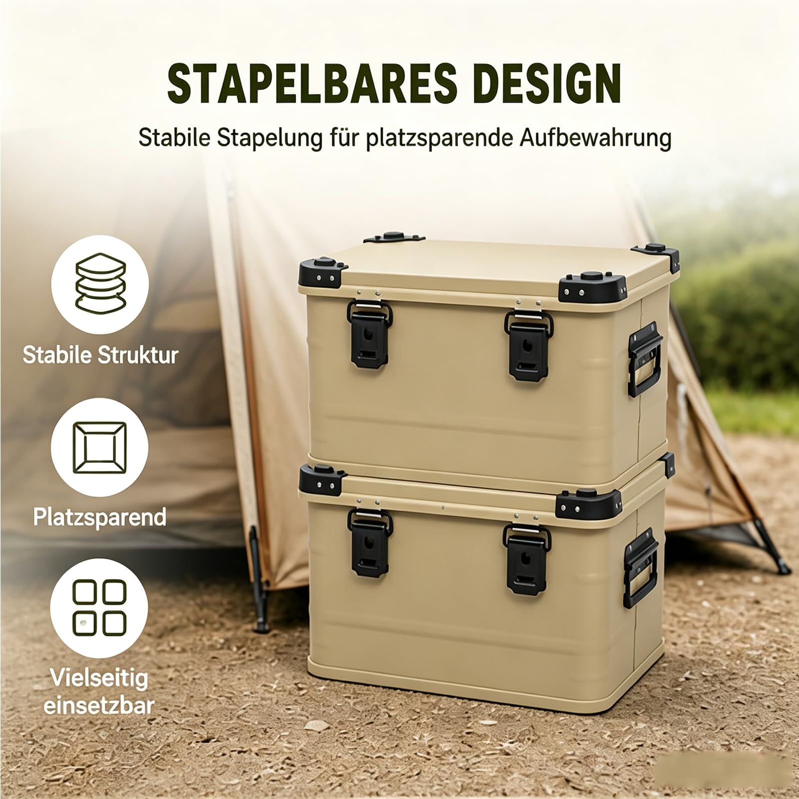 Aluminium Aufbewahrungsbox 30L/50L Wasserdicht mit Deckel, Transportbox mit Gummidichtung, Alubox, Aluminium Box mit verstärkten Ecken & Griffen für Camping Outdoor Reisen (50L Khaki)