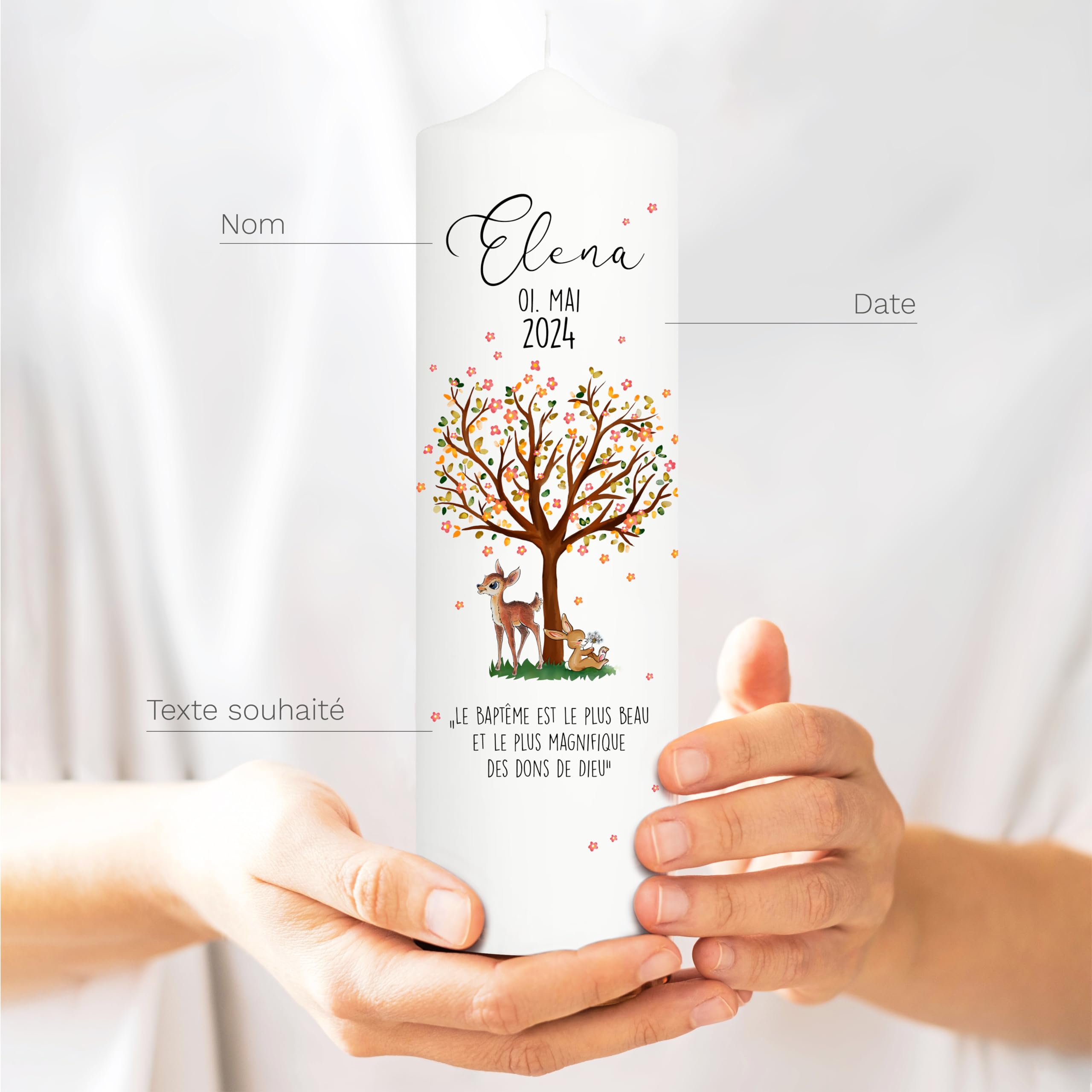 Bougie Baptême personnalisée Fille Garçon motif Arbre, Faon et Lapin – Cierge Baptême avec prénom, date et message – Bougie imprimée – cierge personnalisé – 25 x 7 cm