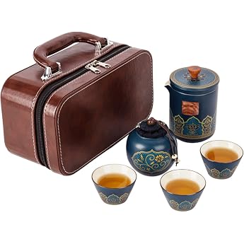 Portable Travel Tea Set with Case Mini Porcelain Teapot 3 Tea Cups and 1 Tea Canister Chinese Kung Fu Tea Set for Adults Outdoor Picnic