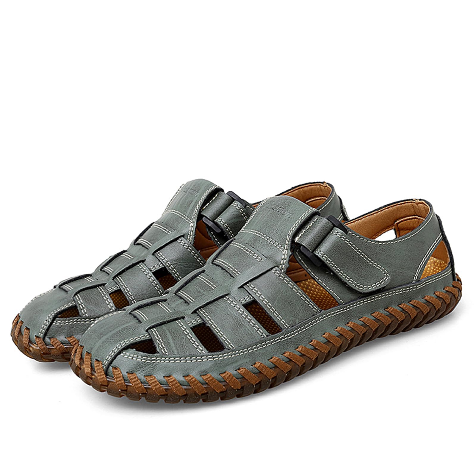 Qiucdzi Mens Sport Sandals Breathable Outdoor Fisherman Shoes Adjustable Closed Toe Summer Leather Loafters