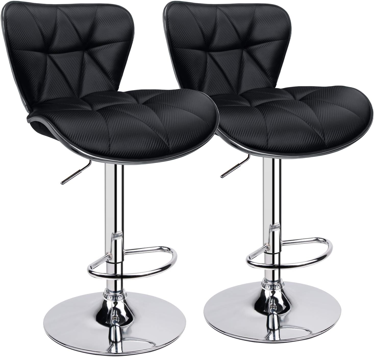 Leopard Shell Back Adjustable Swivel Bar Stools, Carbon Fiber Leather Padded with Back, Set of 2 (Black Carbon Fiber Leather)