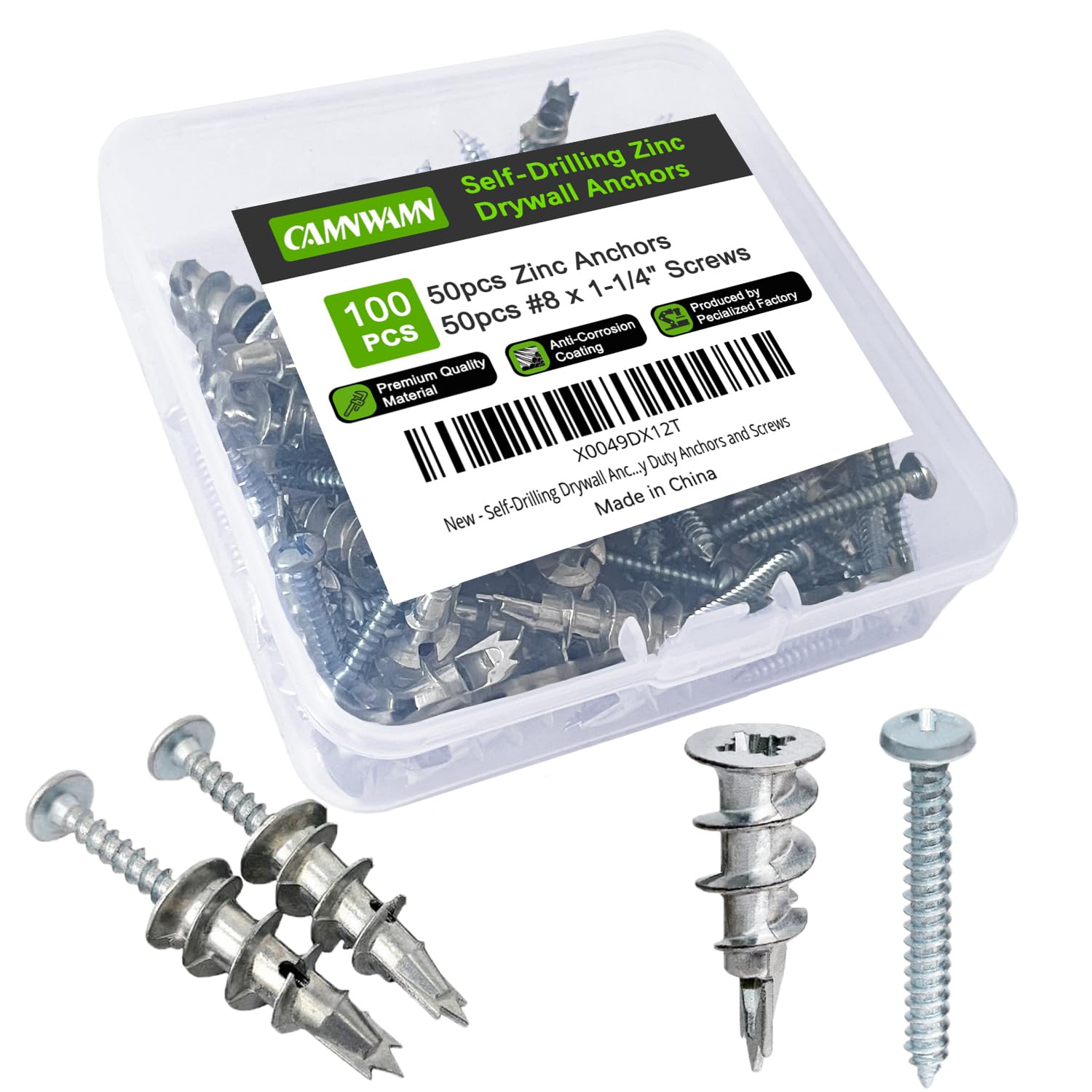 #8 Zinc Metal Self-Drilling Drywall Anchors, 100pcs (50 Anchors+50 Screws) Hollow Metal Wall Anchors and Screws Kit with Cross Groove Drill Bit, 50pcs Heavy Duty Anchors 50pcs #8 x 1-1/4" Screws