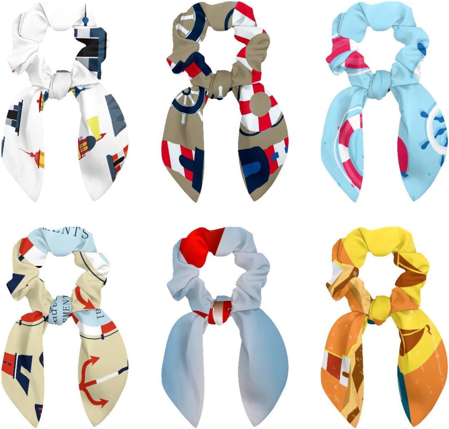 6 Pcs Hair Scrunchies -Nautical Elements Lighthouse Hair Scarf Scrunchy with Ribbon Bow, Elastic Hair Ties Ponytail Holders for Women Teenage Girls