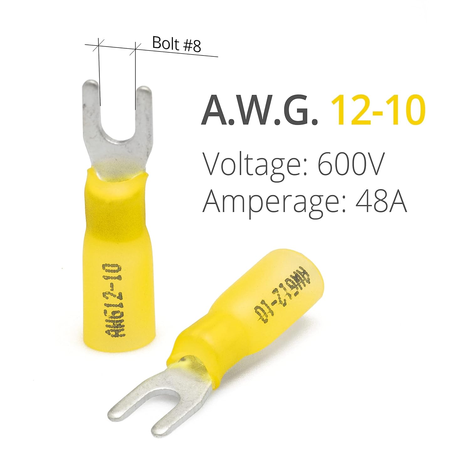 Wirefy Heat Shrink Fork Connectors #8 - Marine Grade Fork Terminals - Spade Fork Wire Connectors - Yellow 12-10 Gauge 90 PCS