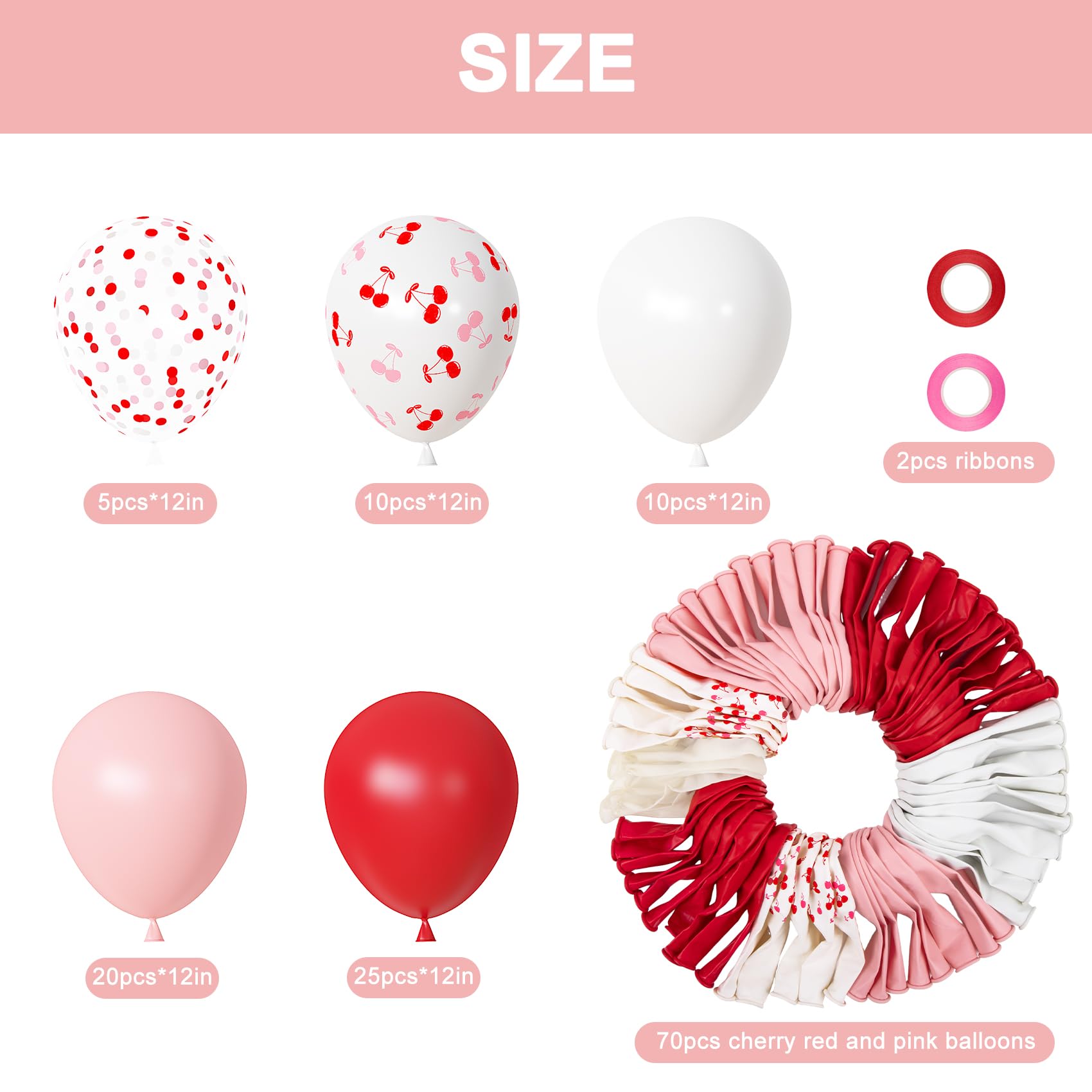 Kirschballons Set, Rot Rosa und Weiß Ballon mit 30,5 cm Kirsche Gedruckt Konfetti Ballons für Frauen Mädchen Geburtstag Party Dekoration Supplies