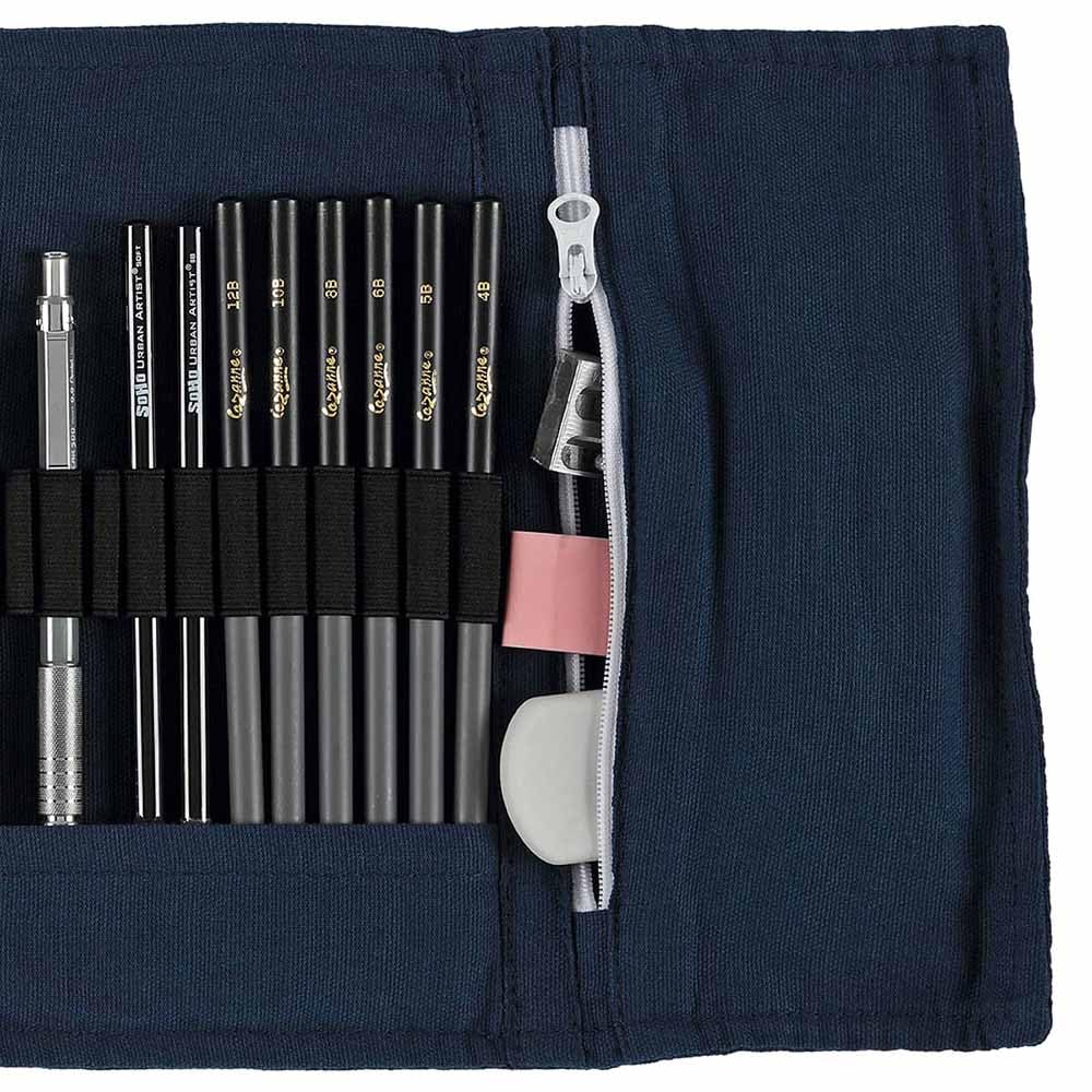 Cezanne - Estuche para lápices de artistas, lona de algodón azul duradera enrollable con bolsa de arte con cremallera para artistas, profesionales, organización ligera y portátil, hasta 72 lápices de