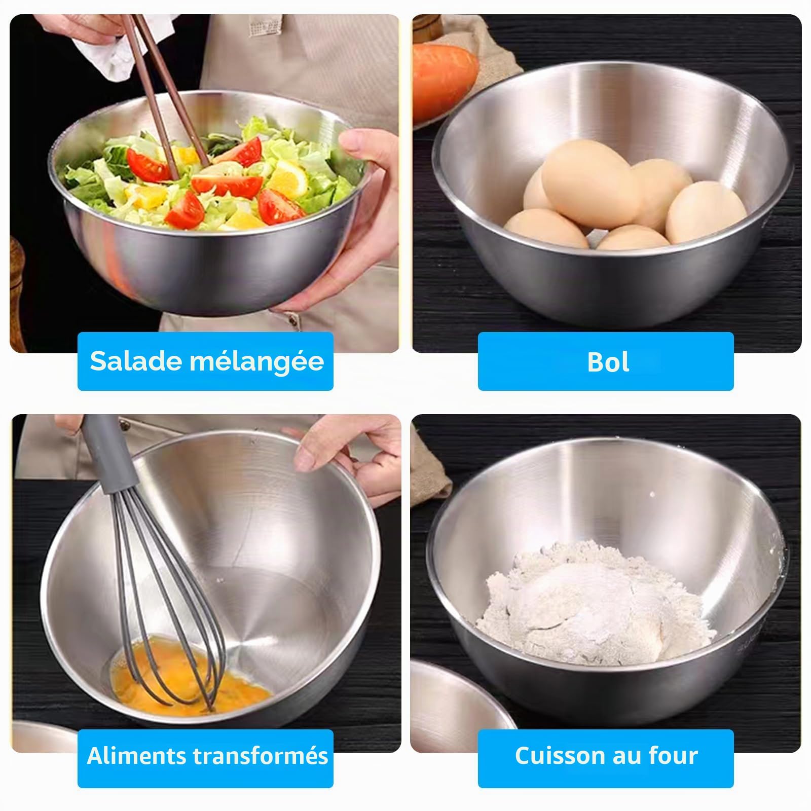 Lot de 5 bols en acier inoxydable, bol à salade, bol en acier inoxydable, bol de mélange, bol de cuisine, 1 l, 1,5 l, 2 l, 2,5 l, 3,5 l, pour la cuisine, peu encombrant