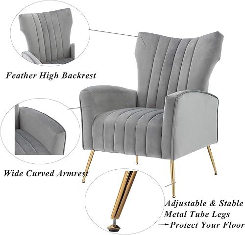 Miniatura 50 de Artechworks Silla decorativa curvada con patas doradas de metal dorado con brazo tapizado de terciopelo, silla moderna para sala de estar,