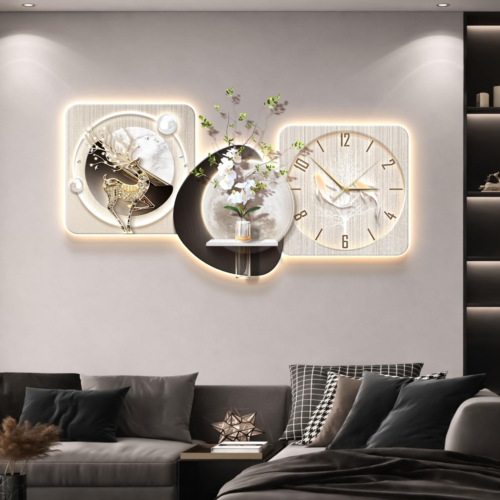 ITOSUI 3D Creative Luxury Decorative Wall Clocks,Entryway Decorative Wall Clock with Glass Vase,Stylish Wall Art with Light,for Living Room Bedroom Dining Room(White,31.5 * 15.7")