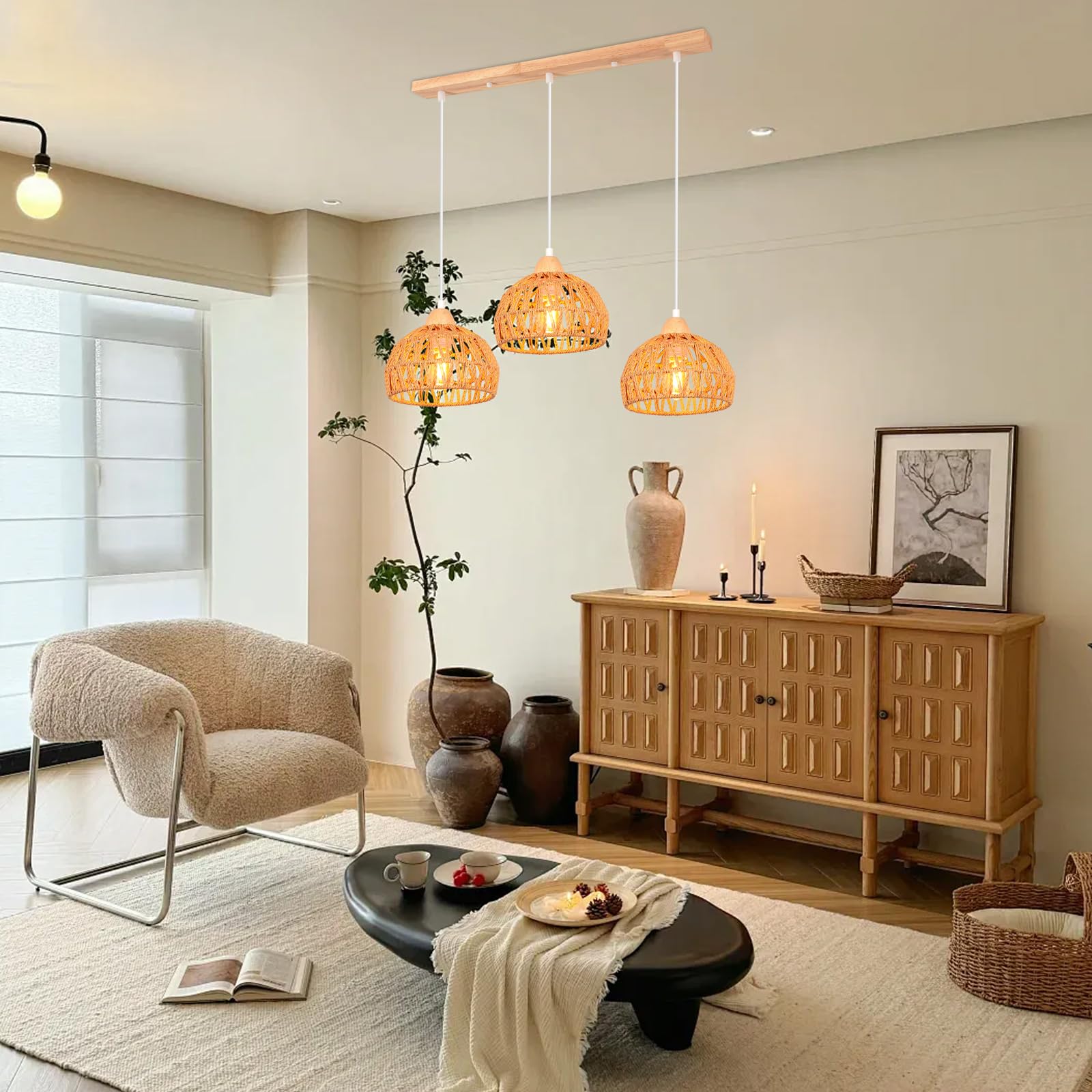 iDEGU Lampa wisząca vintage 3-żarówkowa żyrandol z drewna i rattanu, abażur 20 cm, E27, lampa wisząca, dekoracja, retro, do jadalni, sypialni, salonu, kuchni (brązowa, belka)