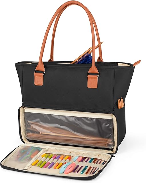 Yarwo Knitting Tote Bag with Pockets for WIP Projects, Yarn Storage Organiser Bag for 14/35.5cm Knitting Needles, Yarn, Crochet Hooks or Other Accessories, Black(New Version)