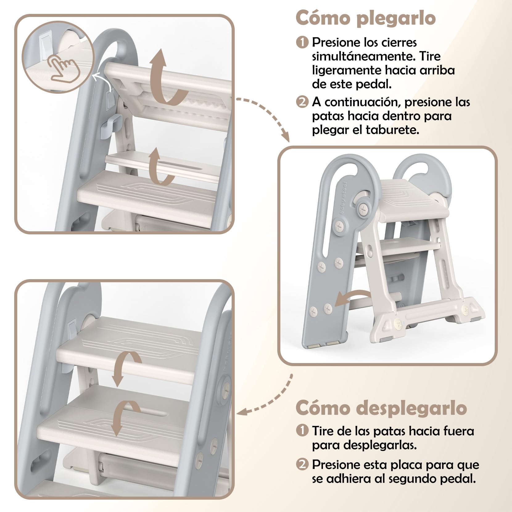 Onasti Taburete Niños Plegable, Escalon Infantil, Escalón Ajustable de 2 a 3 Niveles, Multifunción, Antideslizante, para Baño, Cocina, Inodoro y Lavabo(Gris Blanco)