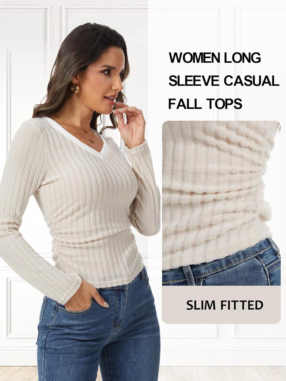 Women V Neck Fitted Sweaters Sexy Long Sleeve Shirts Ribbed Knit Lightweight Sweater Fall Casual Tops - Image 4