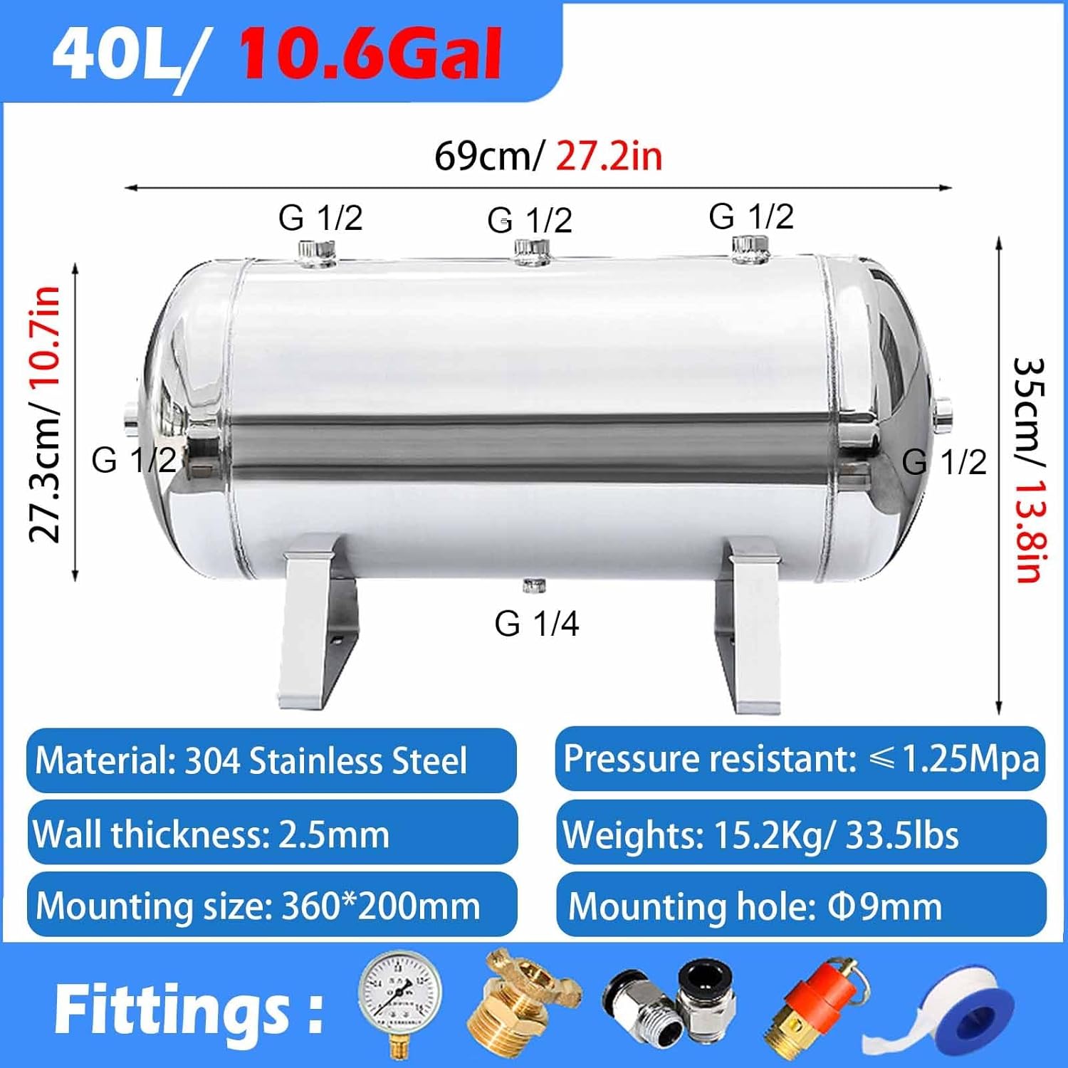 High-Pressure 40L Air Compressor Reservoir Tank - 304 Stainless Steel with Accessories, Ideal for Automation Equipment, Durable & Corrosion-Resistant (10.6 Gal, Style A)