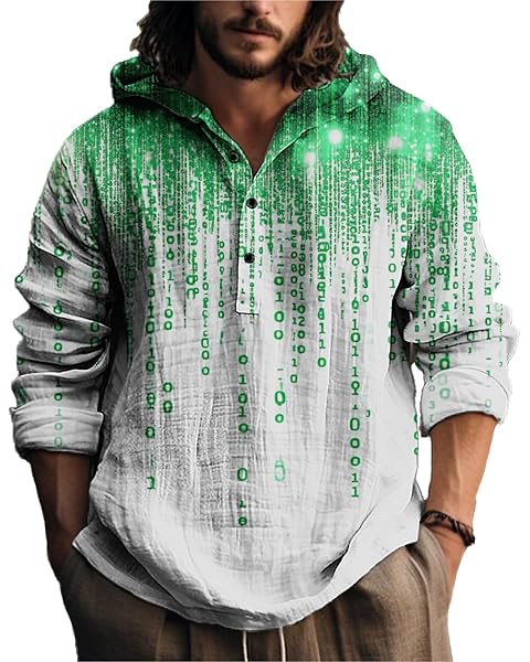 MARSVOVO Novelty Hippie Light Weight Hoodie for Men Long Sleeve Hooded Shirt Casual Quarter Button Tops for Spring Fall