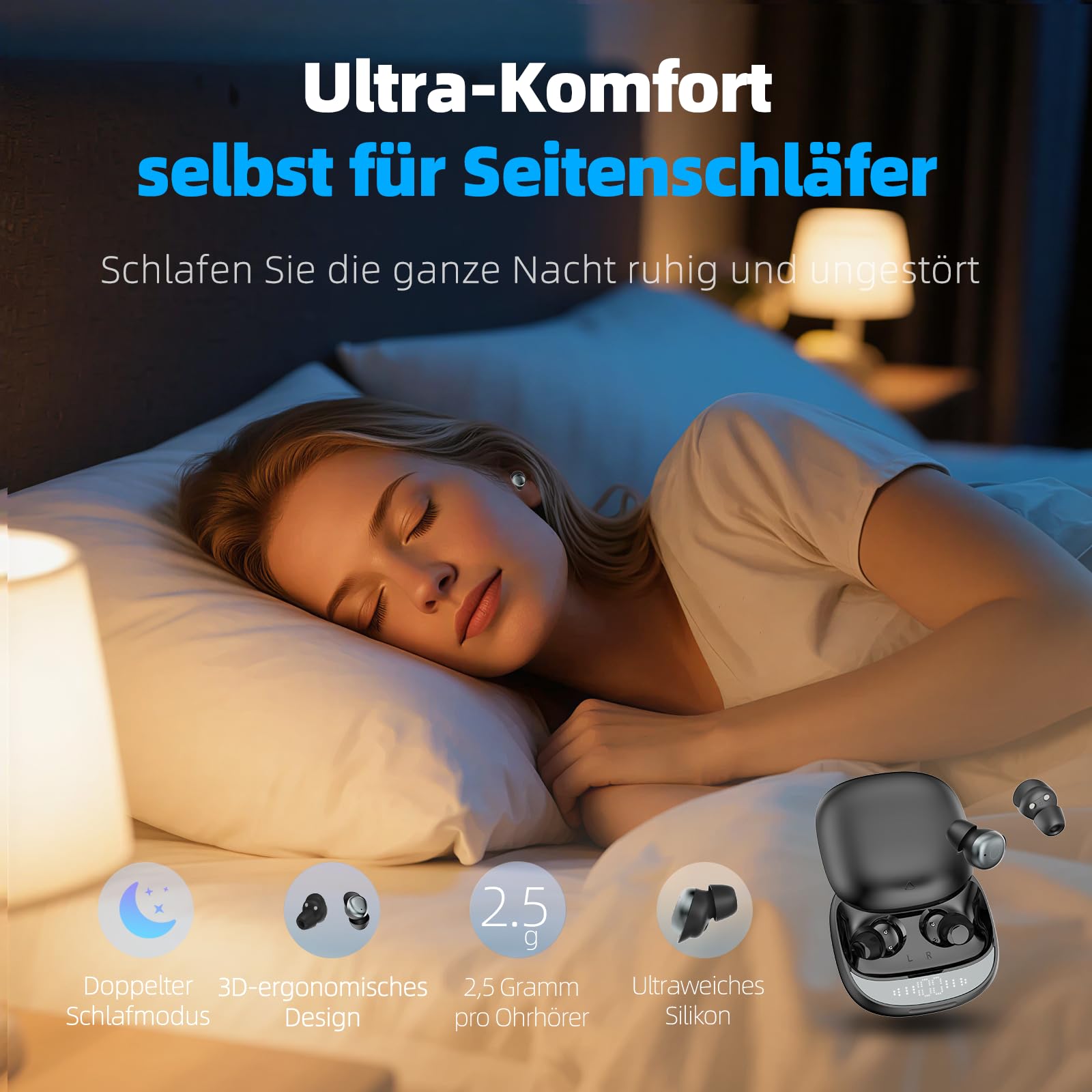 Bluetooth Kopfhörer Kabellos, Schlaf kopfhörer Seitenschläfer 2026, Schlafkopfhörer Bluetooth 5.4 mit White Noise, 6 EQ Sleep Earbuds, Mini Ohrhörer zum Schlafen 40Std, In Ear Kopfhörer LED
