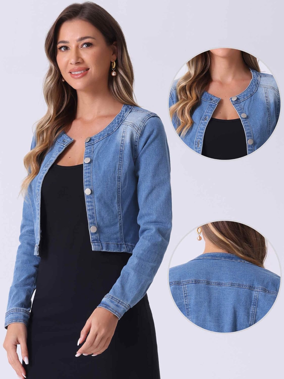 Allegra K Denim Jacket for Women's Collarless Button Down Crop Jean Jackets - Image 4