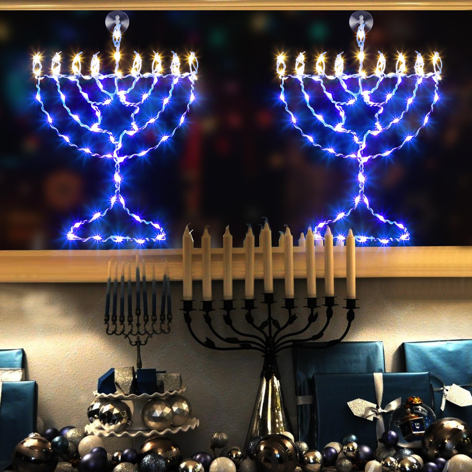 Hiboom Hanukkah Decorations Menorah Window Light, 8 Lighting Modes USB Powered Chanukah LED Lights with Timer for Jews Judaism Synagogue Passover Shabbat Hanukkah Party Decor