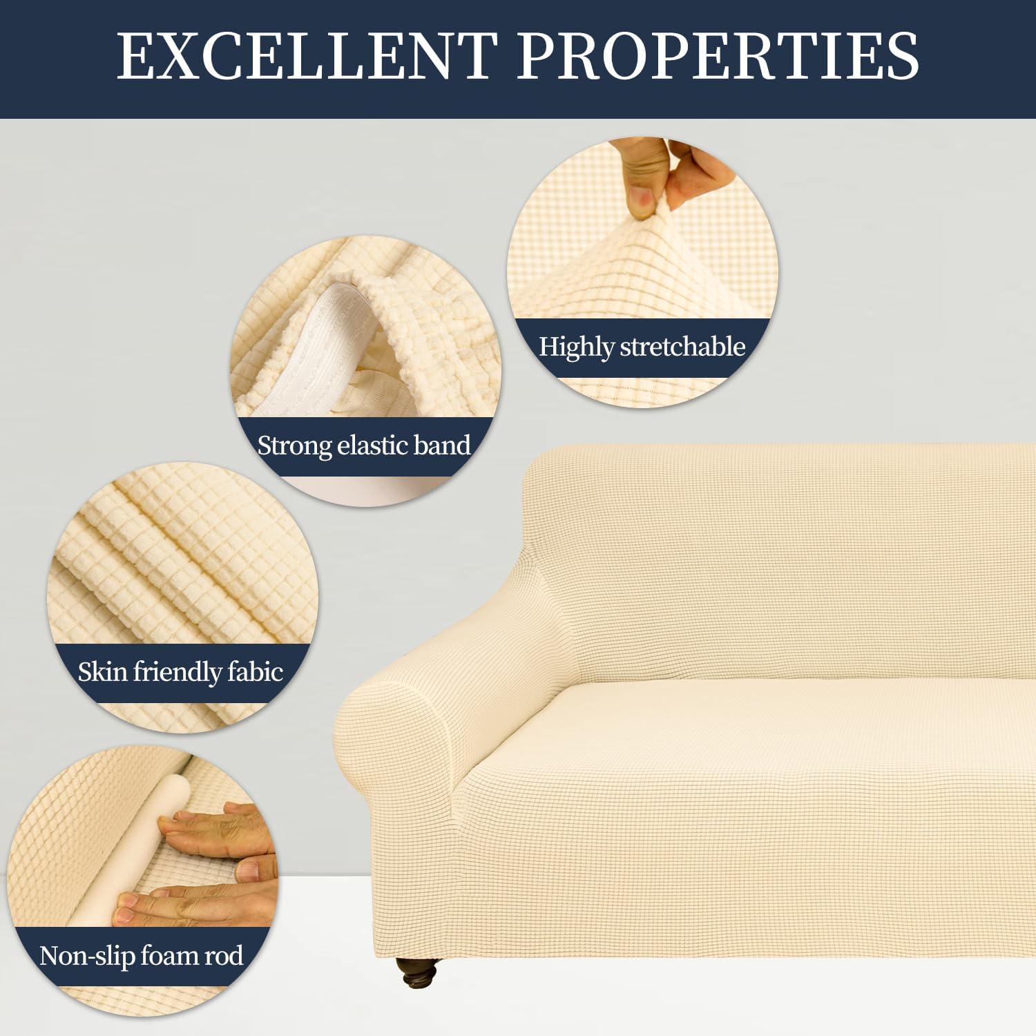 Stretch Sofa Slipcover for 3 Cushion Couch, Washable Pet Friendly Furniture Protector with Non Slip Elastic Bottom for Dogs,Kids,Jacquard Fabric Small Checks (Large,Champagne)