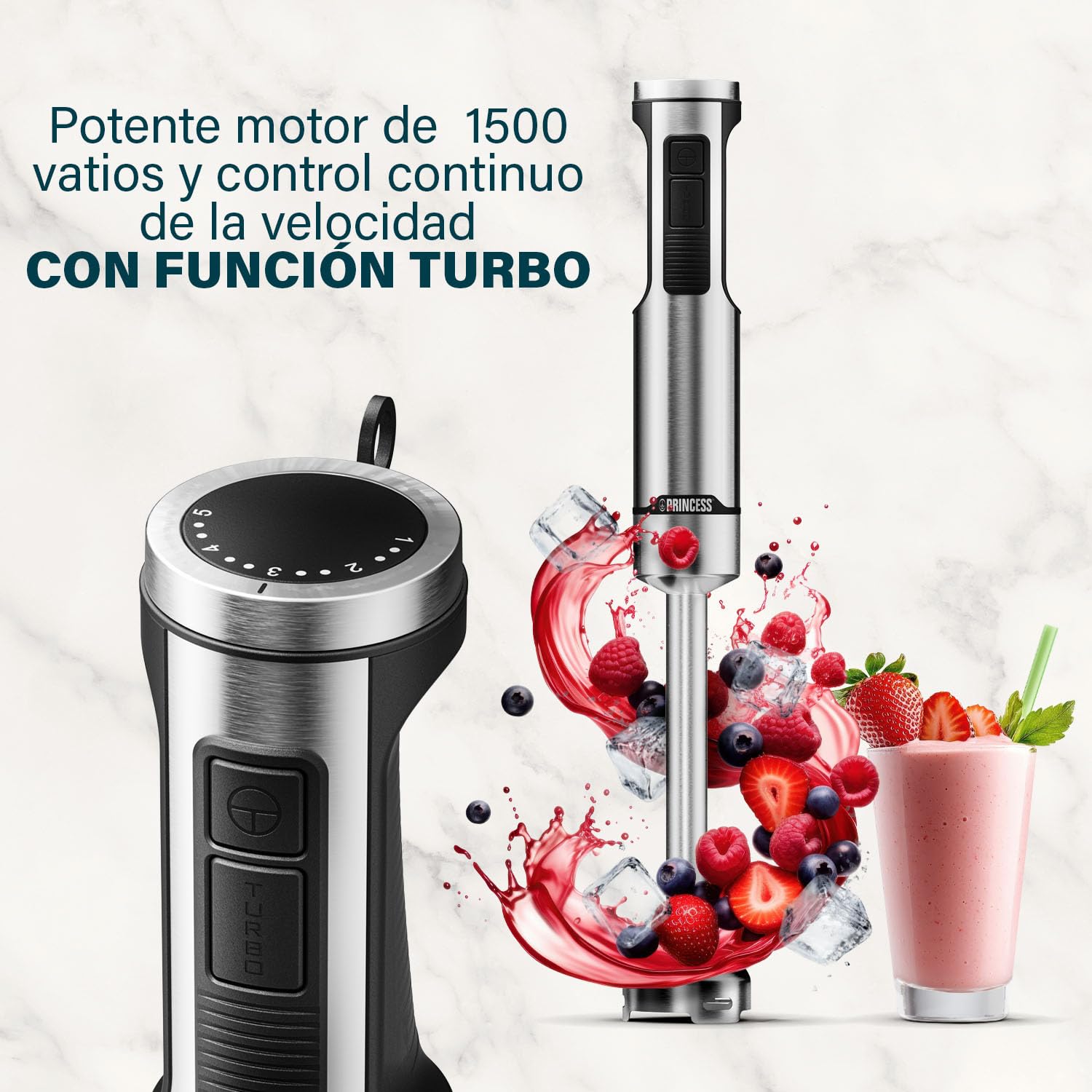 Princess Batidora de Mano de Acero Inoxidable Prof XXL, 1500W, Brazo Extra Largo 50 cm, 5 Velocidades + Turbo, 4 Cuchillas, Vaso con Tapa Antideslizante, Apta Lavavajillas, 221233