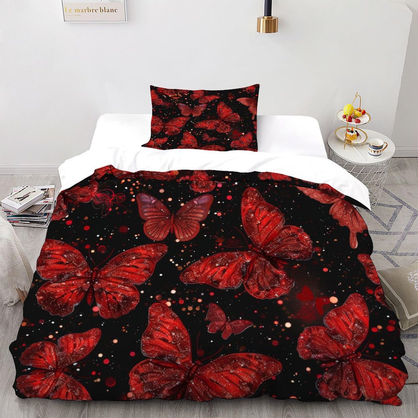 Housse de couette papillons rouges 135x200 microfibre avec taie d'oreiller