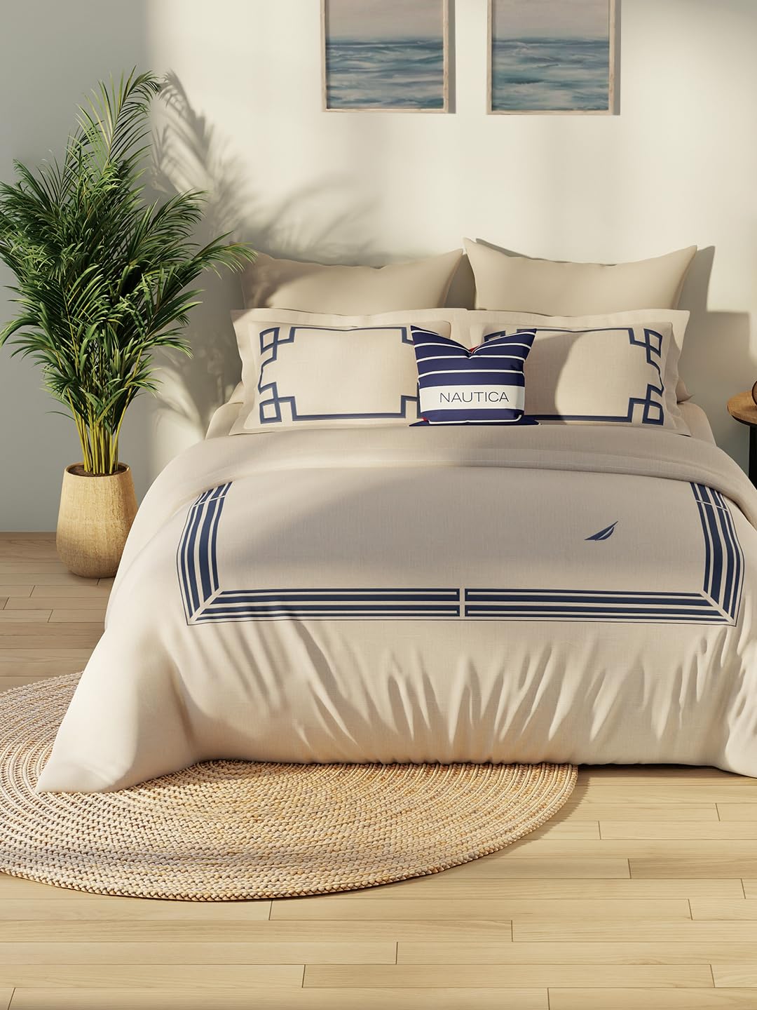NAUTICA Luxurious 100% Egyptian Satin Cotton King Bedsheet with 2 Pillow Covers -3pc Set (Royal Cove 400) | 500 TC | Extra Soft Feel Ornamental-Beige/Navy-image-8