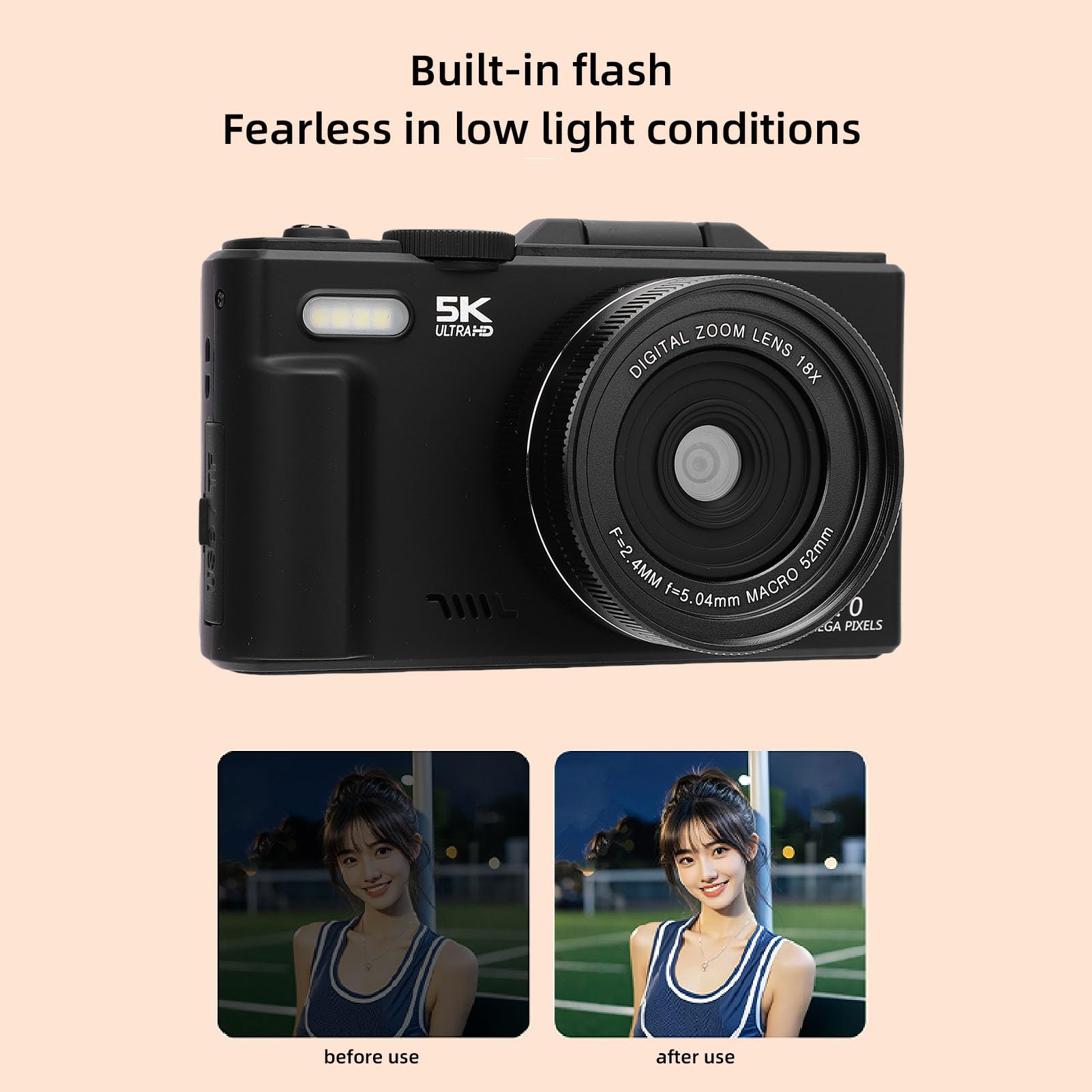 Annadue Fotocamera Digitale 5K da 75 MP, Fotocamera per WiFi con Schermo Ribaltabile a 180°, Compatta con Zoom 18X con Messa a Fuoco Automatica, Inquadra e Sca (64GB)