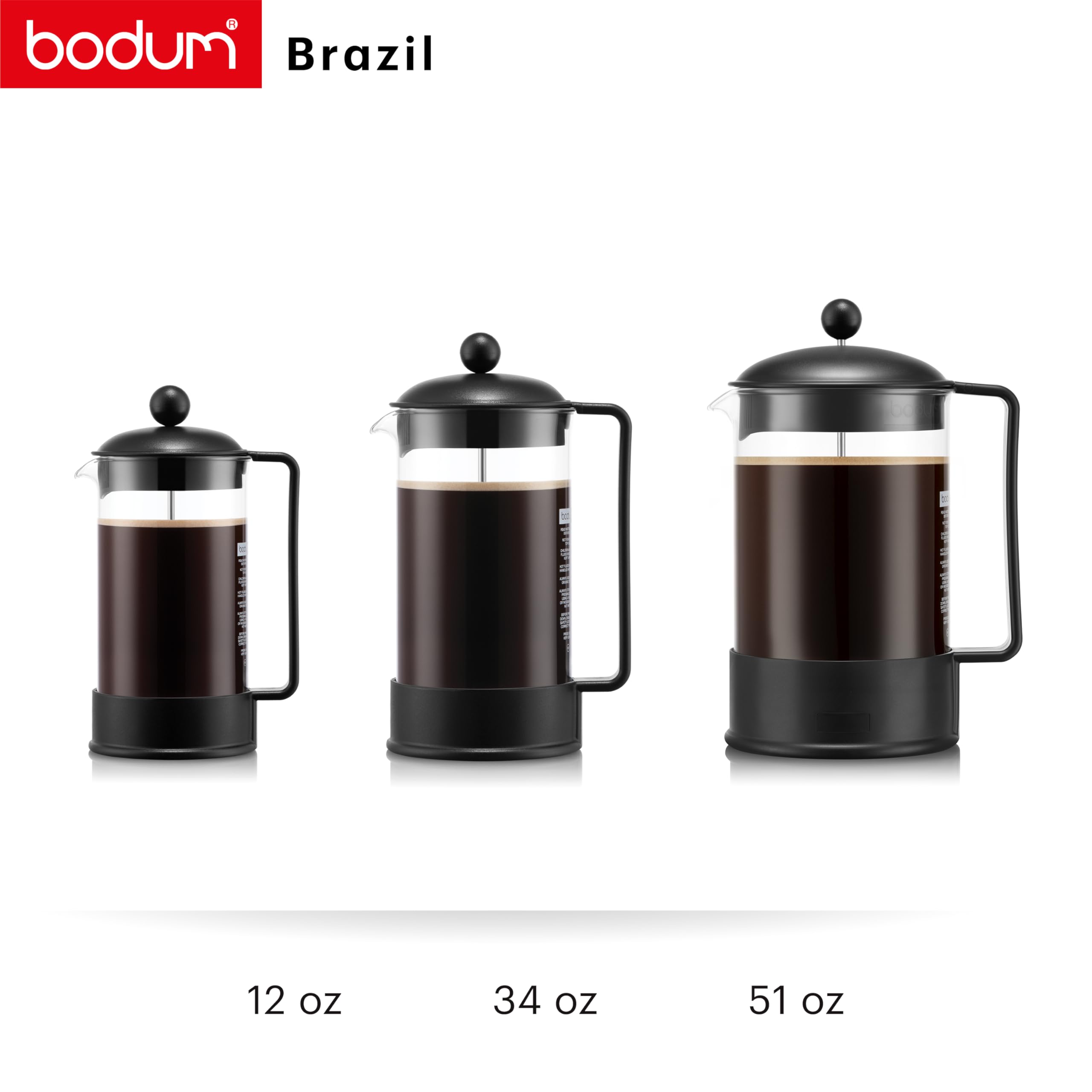 Bodum French Press Brazil - 1L / 8 Tasses Cafetière à Piston - Verre Résistant & Filtre Acier INOX - sans BPA Lavable au Lave-Vaisselle - Cafetière Classique - Fabriquée au Portugal