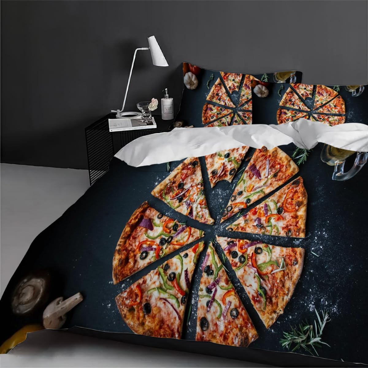 Zestaw pościeli z nadrukiem pizzy w rozmiarze Super King Size 3 szt. miękka poszewka na kołdrę z mikrofibry z 2 poszewkami na poduszki i zamkiem błyskawicznym 260 x 220 cm, można prać w pralce b. 2020