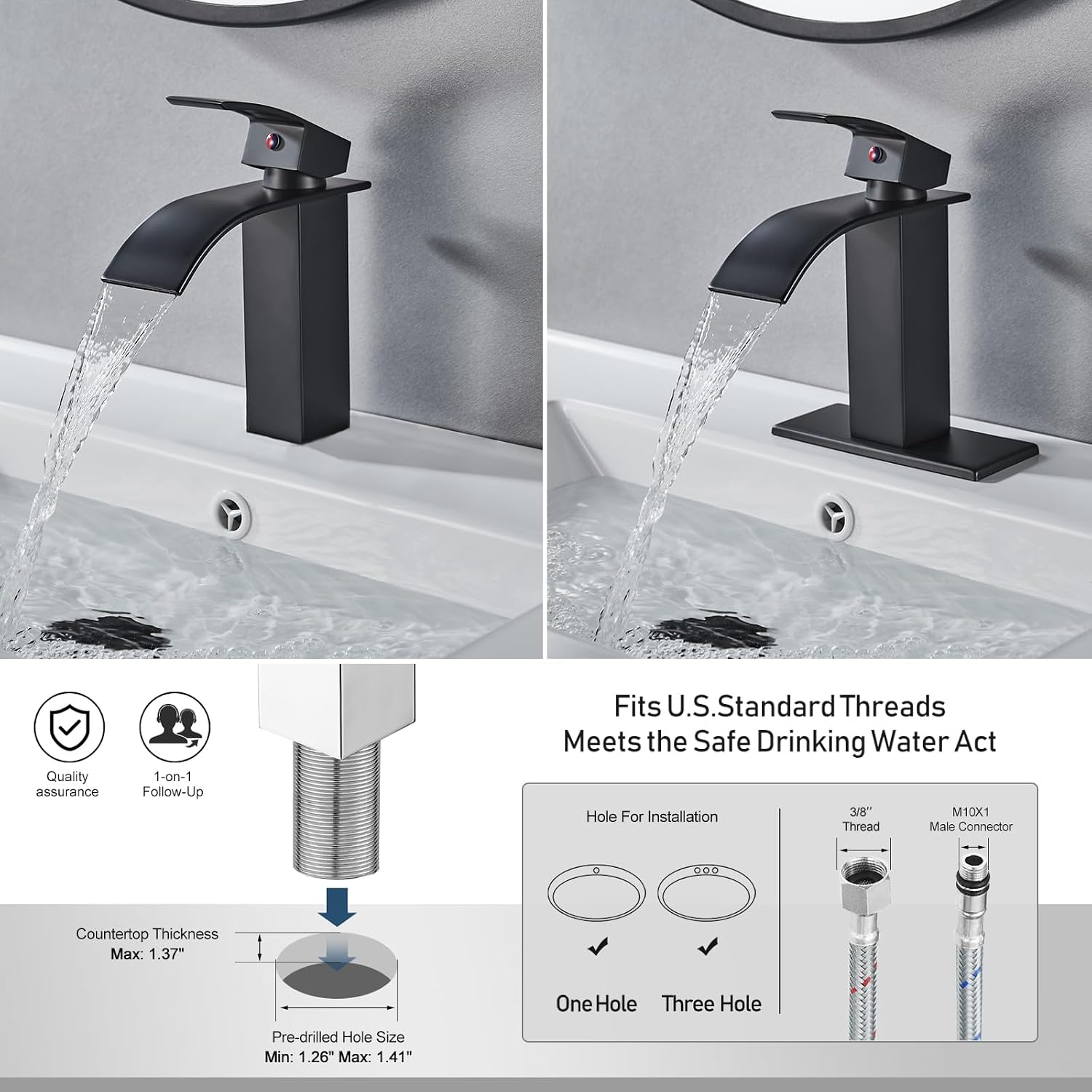 GENBONS Black Bathroom Faucet Waterfall Single Handle Bathroom Sink Faucet with Pop-up Drain, Bathroom Faucet One Hole or 3 Hole with Deck Plate