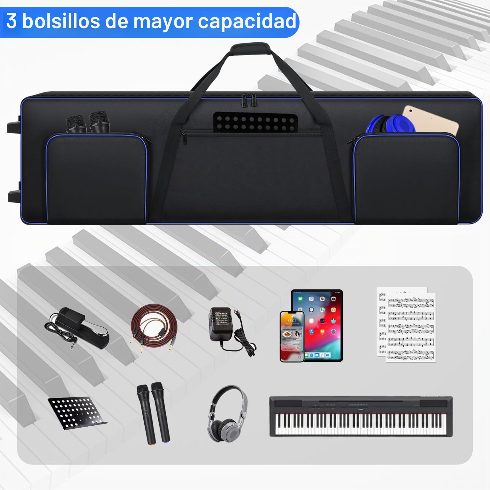 Funda Para Teclado De 88 Teclas Con Ruedas, Bolsa Acolchada Portátil Para Piano 88, 53 X 14 X 7 Pulgadas, Funda Para Teclado Con Ruedas Con Asas Y Correas De Hombro Ajustables, Bolsa