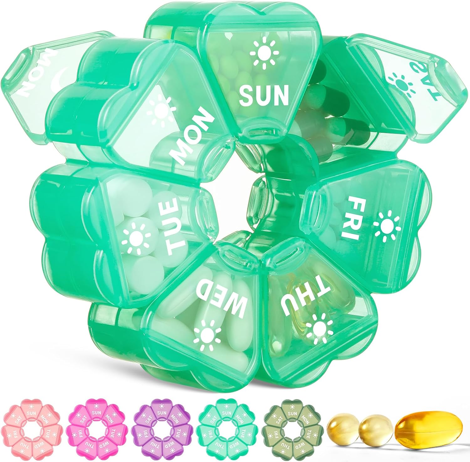 LANDNEOO Weekly Pill Organizer 2 Times a Day, Cute Double-Sided AM PM Pill Case 7 Day, Blue Travel Pill Box for Medication, Vitamins, Fish Oils, Supplements - Turquoise