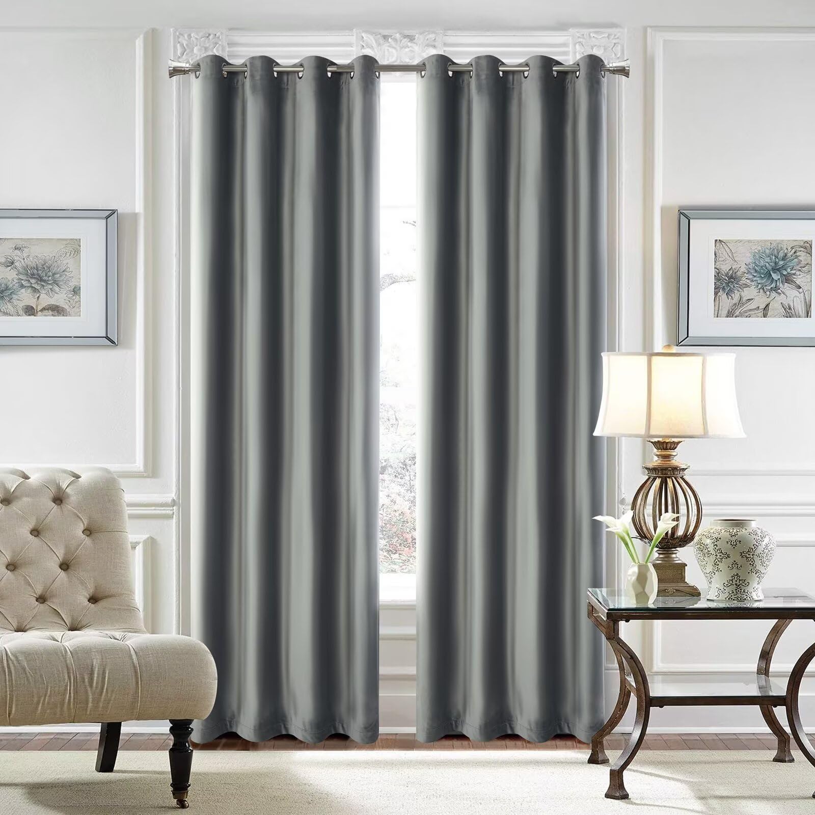 SSWH Blackout Curtains for Bedroom, Thermal Insulated Eyelet Curtains, Solid Colour Window Drapes for Living Room Privacy Protection(Size:84" W x 96" L(2 Panels),Color:Light Grey)