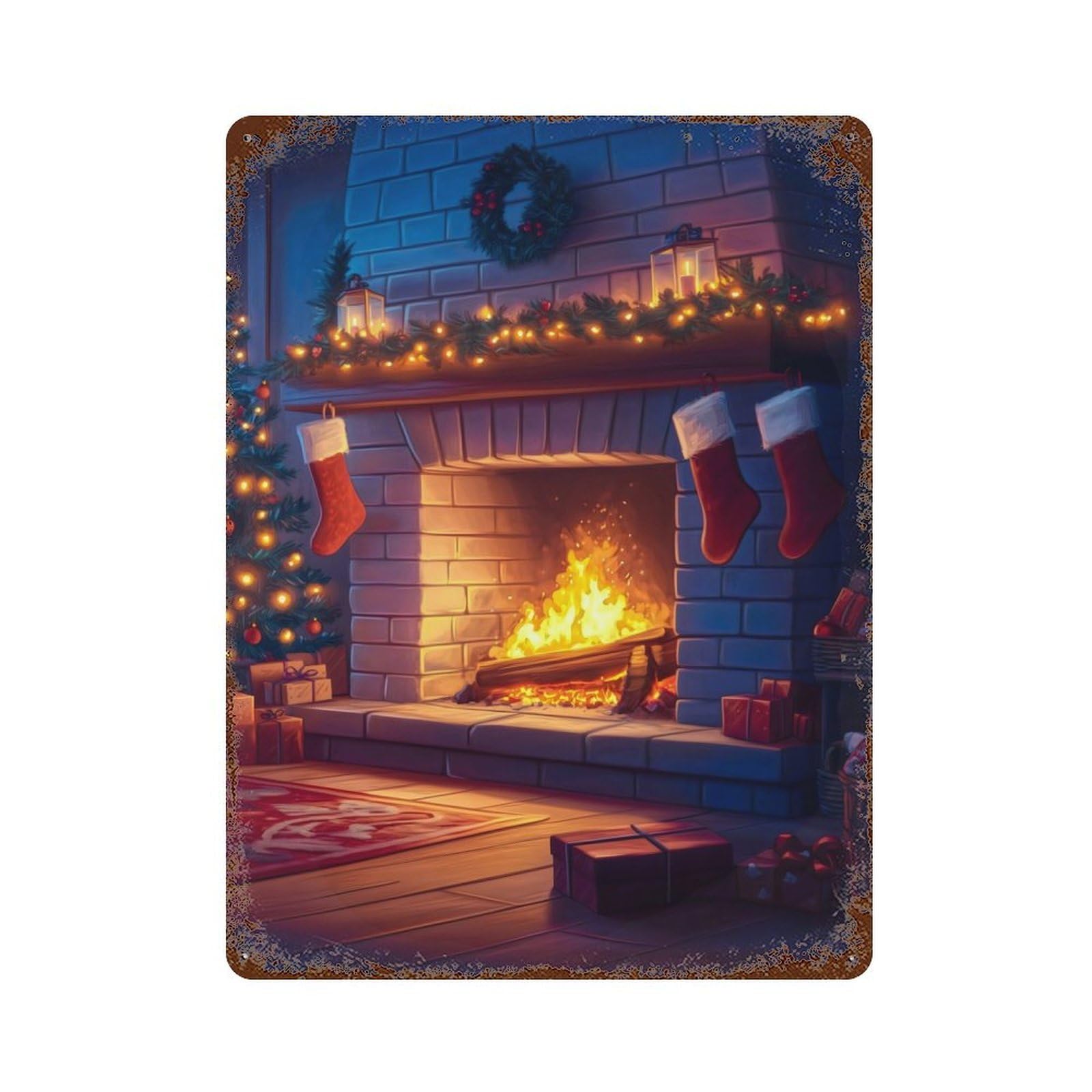 Cozy Christmas Fireplace Retro Metal Sign 15.7"x11.8", Classic Wall Plaque for Garage, Pub Or Kitchen