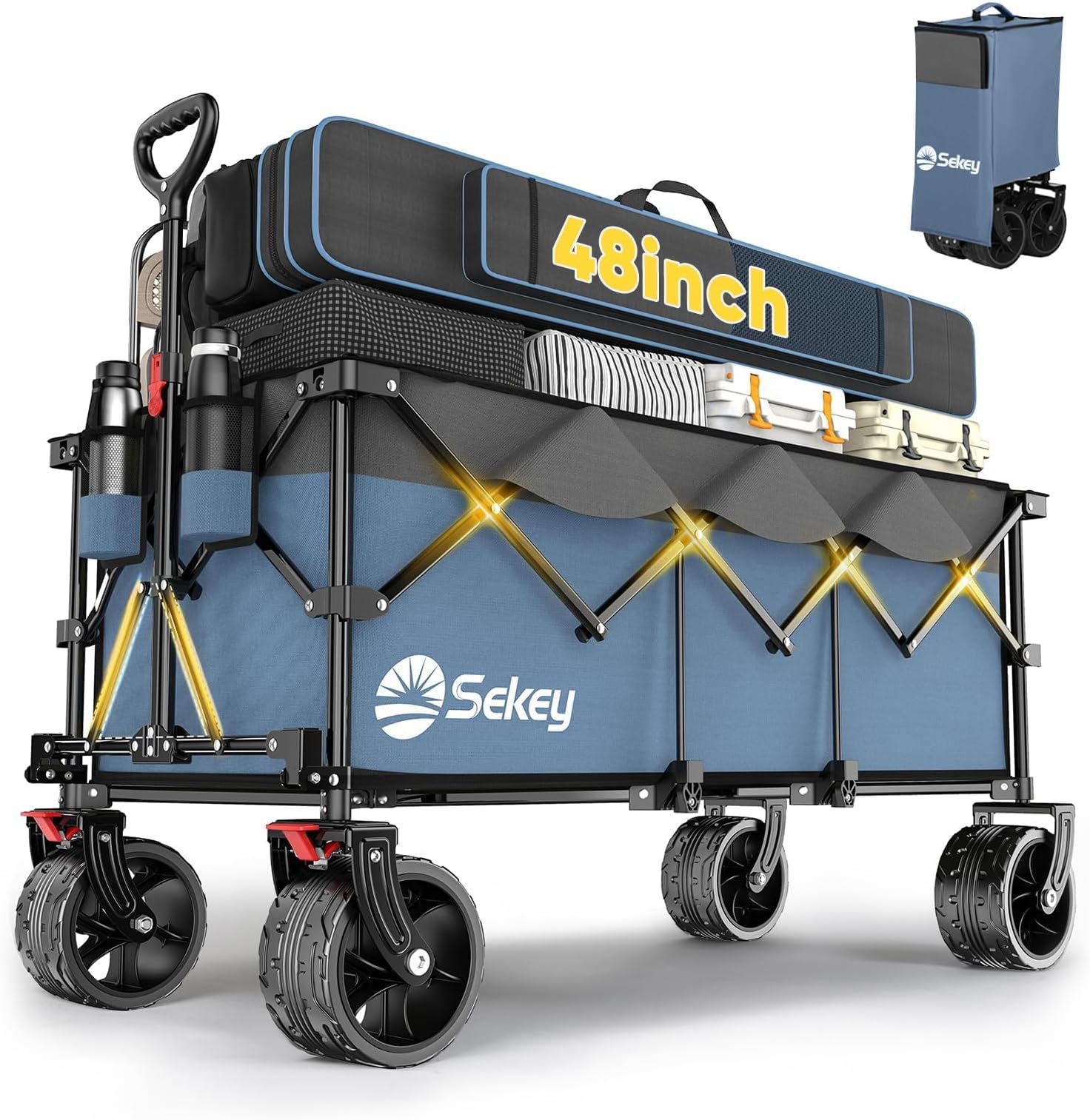 Sekey 48''L Collapsible Foldable Extended Wagon with 660lbs Weight Capacity, Heavy Duty 300L Folding Utility Garden Cart with Big All-Terrain Beach Wheels & Drink Holders. Blue&Grey