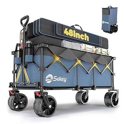 Sekey 48''L Collapsible Foldable Extended Wagon with 440lbs Weight Capacity, Heavy Duty 300L Folding Utility Garden Cart with Big All-Terrain Beach Wheels & Drink Holders. Blue&Grey