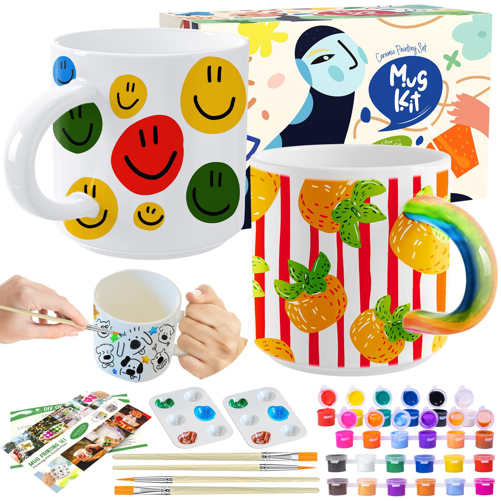 Roaxkois Keramik Bemalen Set - Kreatives Keramik Bastelset mit Farben, Pinseln und Anleitungen, Perfektes Tassen Bemalen Set für individuelle Geschenke und Freizeitgestaltung (Glatt) (Glatt)