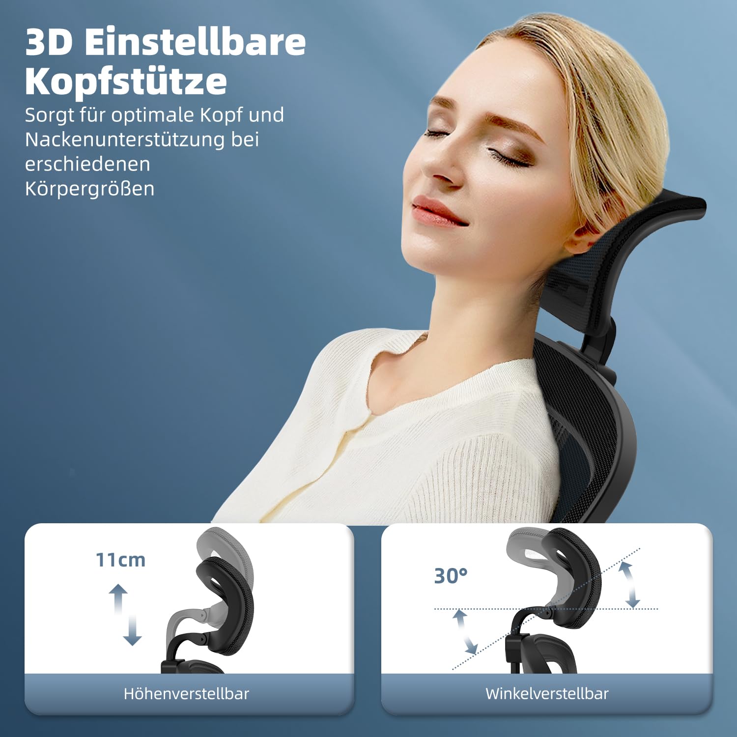 Bürostuhl, Schreibtischsessel mit Kopfstütze und Weiche Lordosenstütze, Bürostuhl ergonomisch mit Wippfunktion bis 130°,Schreibtischstuhl mit klappbaren Armlehnen, Drehstuhl 150 kg,Schwarz