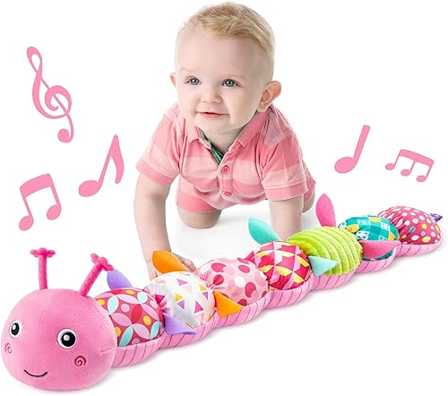 LIGHTDESIRE Juguetes musicales para bebés, oruga, juguete de peluche infantil con arrugas y sonajeros, juguetes sensoriales suaves con texturas para