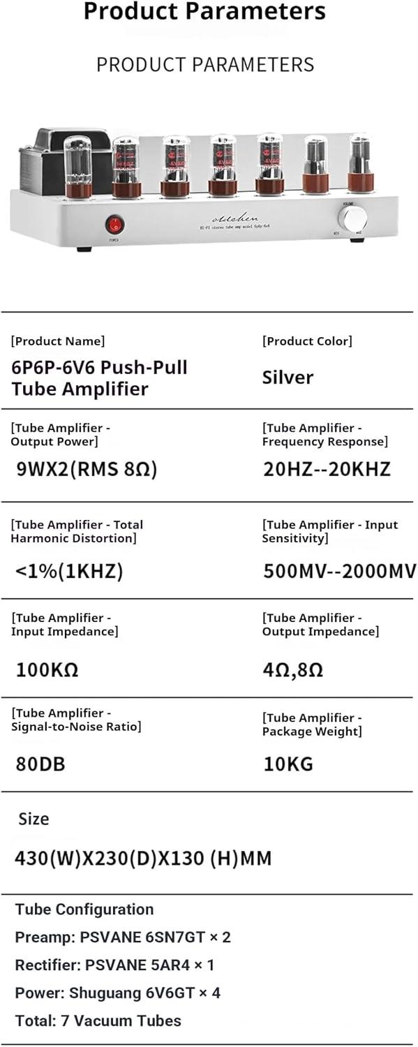 Oldchen 6V6-GT Push-Pull Tube Amplifier, HiFi Stereo Integrated Vacuum Tube Amp, 9W x 2 High Fidelity Home Audio Receiver, Featuring PSVANE 6SN7 & 5AR4 Tubes (Silver, Standard 430mm Component Size)