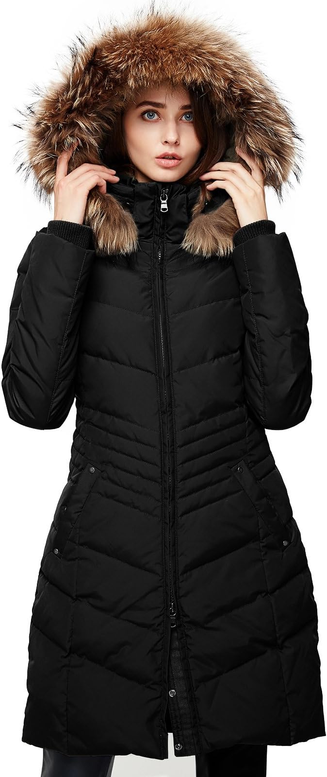 Escalier Women's Down Coat Winter Parka Jacket with Raccoon Fur Hooded Black S