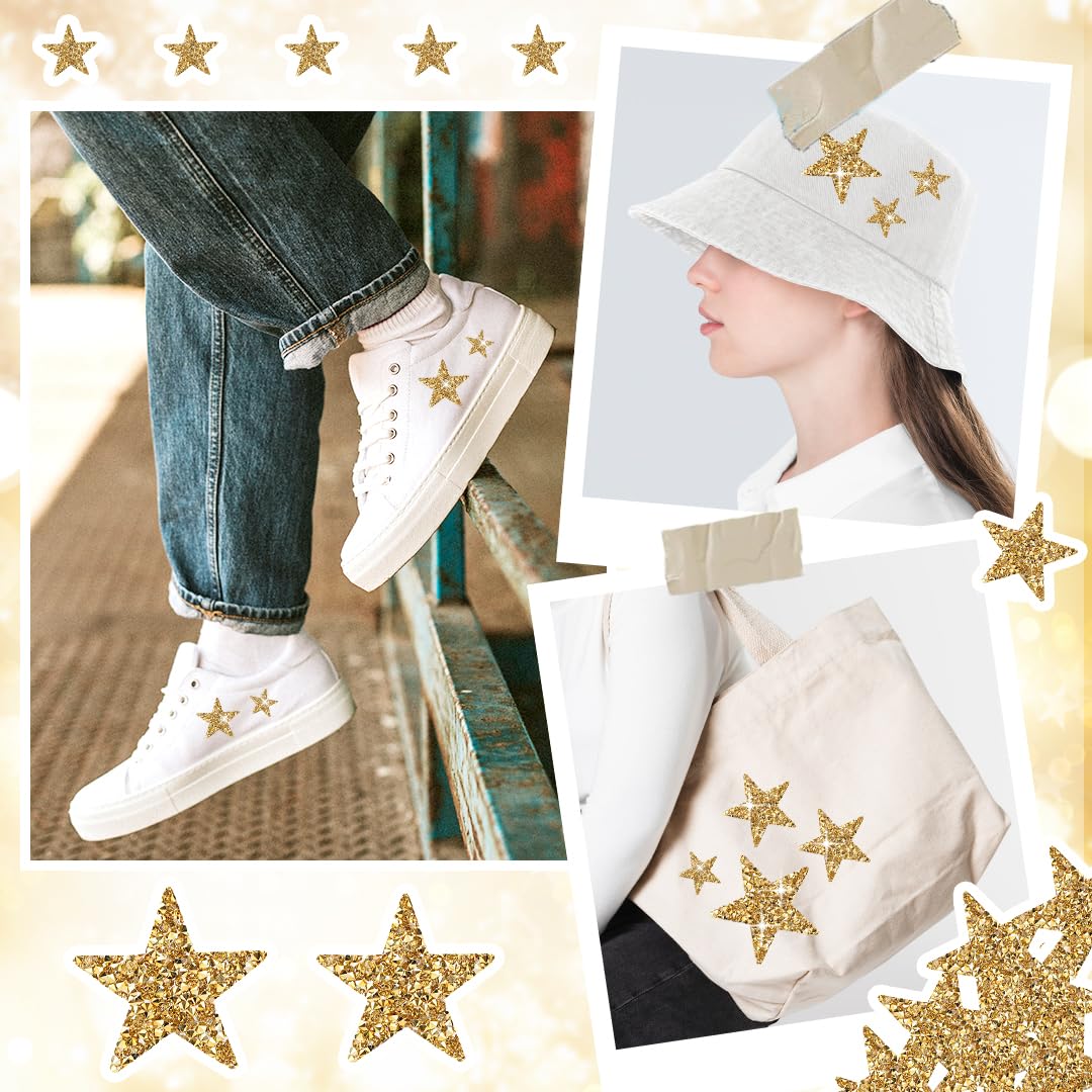 VZXQX 16 stuks opstrijkbare patches ster glitter voor kleding, gouden strijkpatches met strass voor T-shirts, jeans, hoeden, tassen, opstrijkbare sterren, voor stoffen