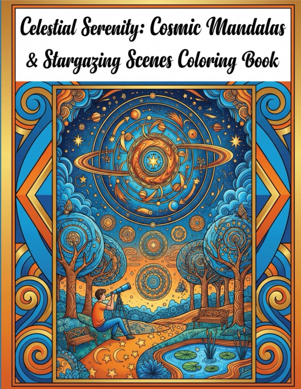 Celestial Serenity: Cosmic Mandala & Stargazing Scenes Coloring Book