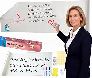 17.3"x157.5" White Board Paper Roll - Dry Erase Board Alternative,No Glue Static Cling White Board Sticker for Wall, Glass, School & Office | Easy-to-Install Portable Dry Erase Paper
