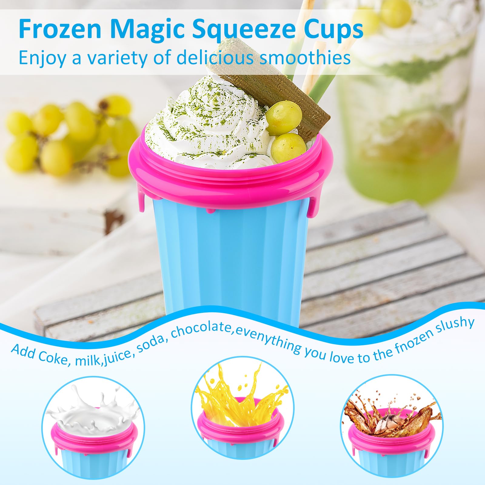 RISVOWO Slushy Maker Cup, DIY Squeeze Ice Cup 500 ml, 2 en 1 Pajita y Cuchara, Taza Mágica de Congelación Copa de Hielo para Preparar Batidos de Frutas Helados y Batidos de Leche(Azul)