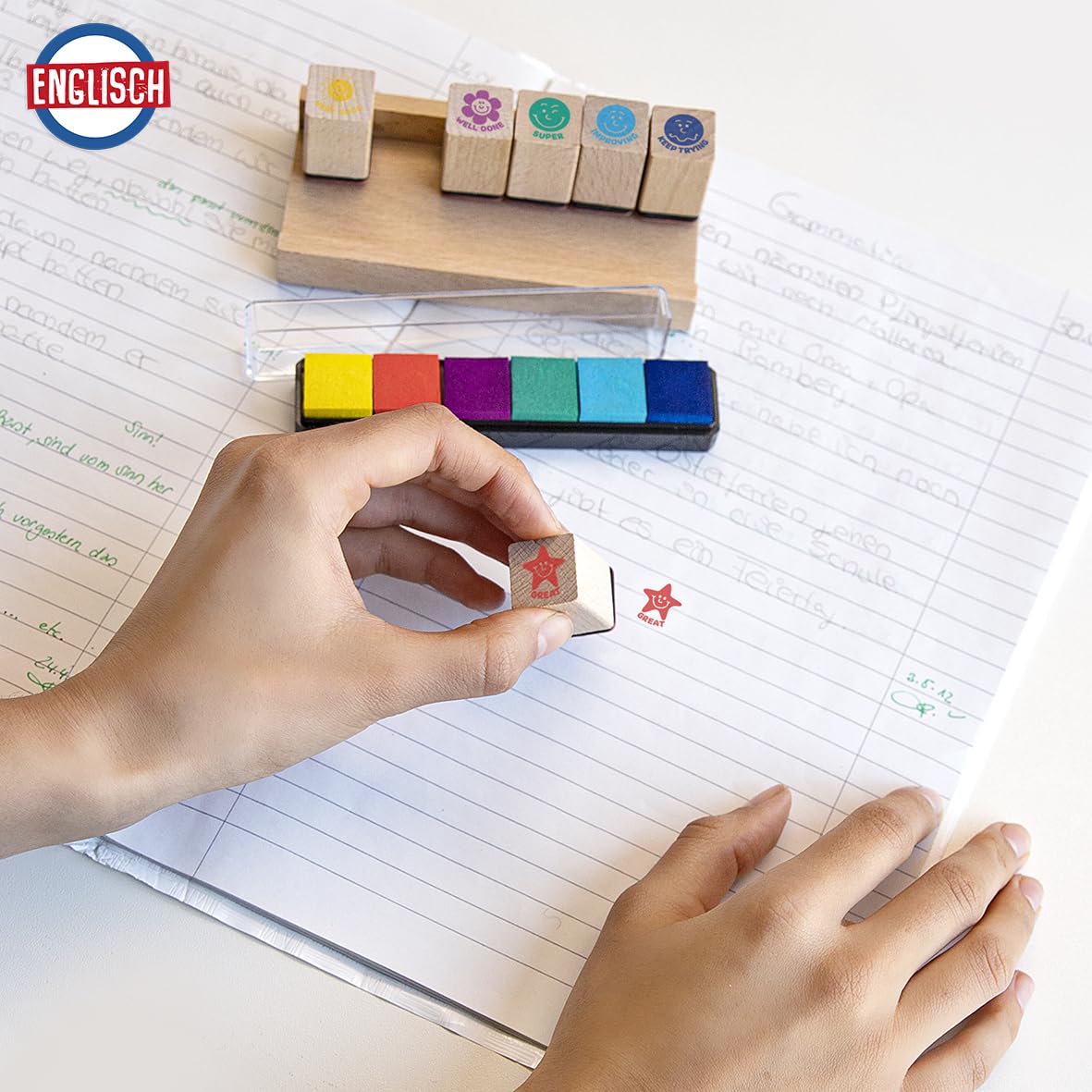 TRENDHAUS Set de tampons Anglais 6 pièces pour enseignants avec tampons encreurs colorés en bois